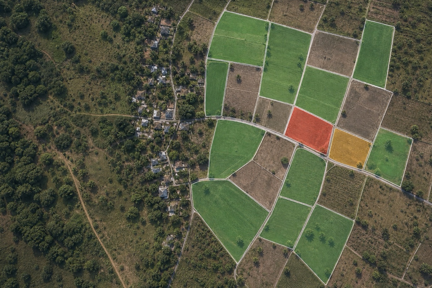 Aerial view of village parcels coloured by coverage: most reached, one unverified, one outside the fence
