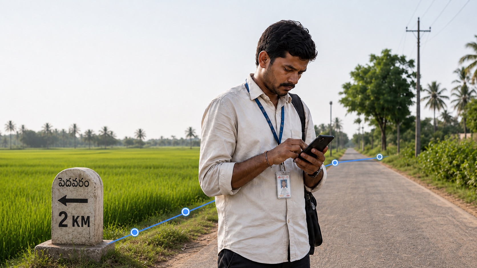 A field manager checks his phone on a rural road beside paddy fields, with the day's trail drawn along the road