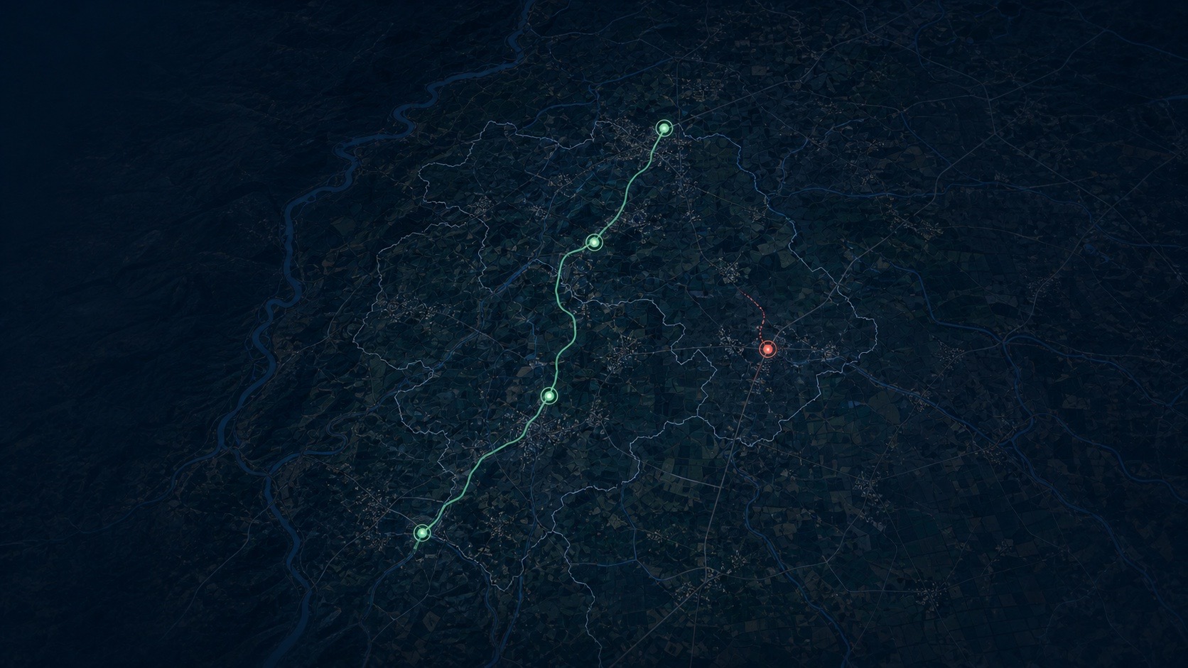 Night map of a mandal with the day's route in green and one visit, outside the boundary, in red
