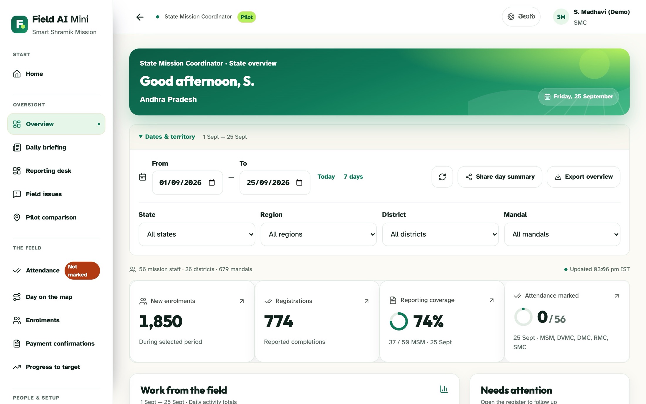 Overview: enrolments, registrations, reporting coverage and attendance for the state, with date and territory filters